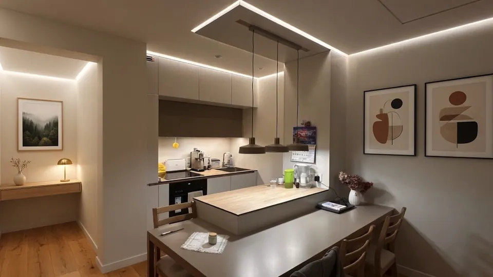 Kitchen with a floating ceiling and continuous LED lines set into the shadow gaps
