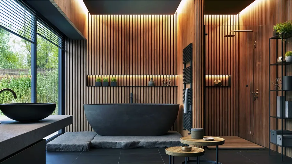 Bathroom with LED shadow gap lighting